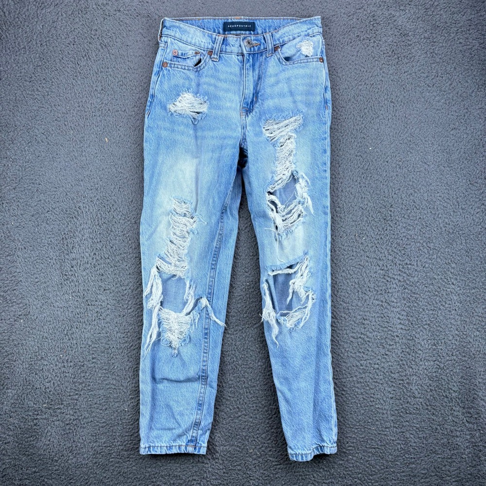 Aeropostale Womens Mom Jean Light Wash High Rise‎ Distressed Denim Size 000